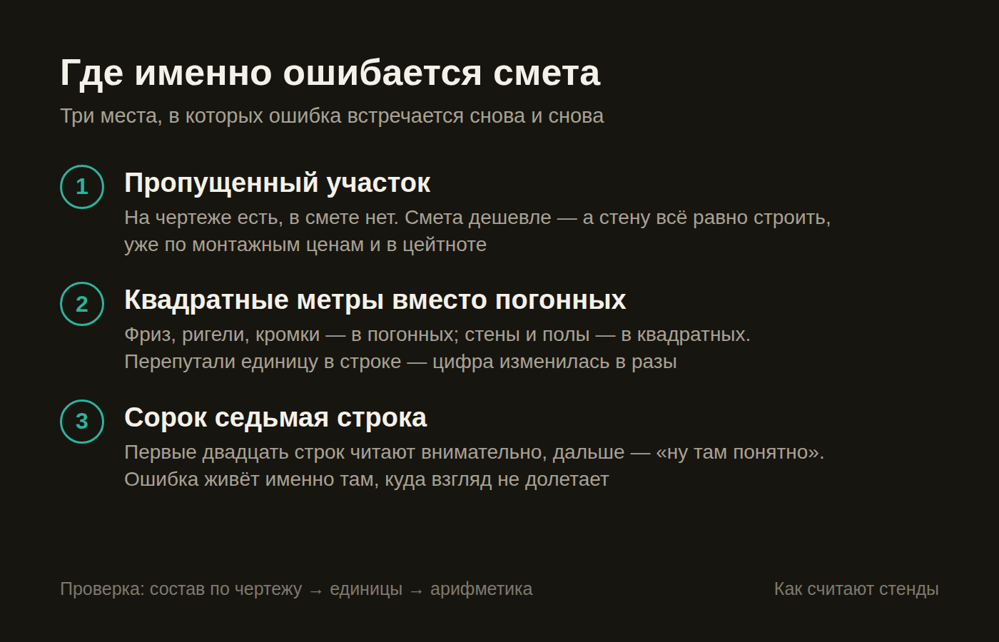 Три места, где ошибается смета на выставочный стенд: пропущенный участок, перепутанные единицы, глубина документа